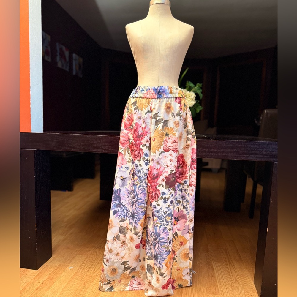 Express High Waisted Satin Floral Pull On Wide Leg Pant